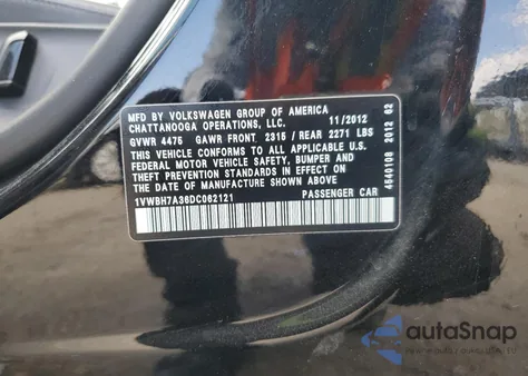 2013 Volkswagen Passat Se из США, поврежденный, VIN 1VWBH7A36DC062121